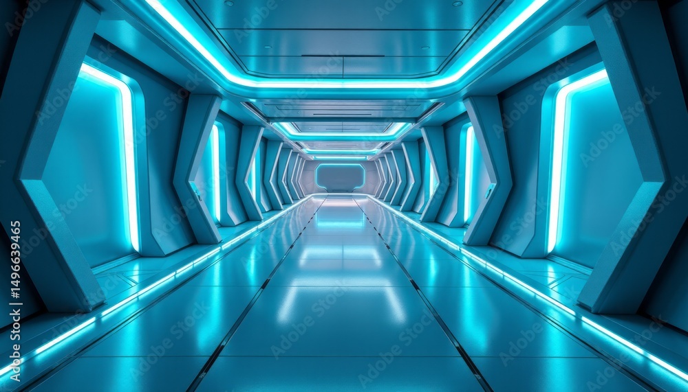 Obraz premium Sci Fi Tunnel Interior Electric Blue Lights in a Metallic Hallway Leading to an Unknown Destination