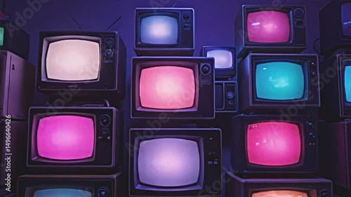 an artistic display of retro tvs stacked creatively, glowing green screens bursting with potential, enveloped in deep blue shadows, intricate details on the tv bodies