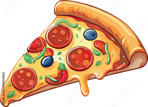 Vector illustration of a delicious slice of pepperoni pizza with melted cheese, hand-drawn style.