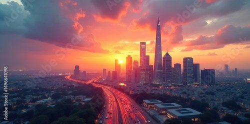 A sleek, modern cityscape skyline at sunset, symbolizing adaptable and resilient urban planning for the future , contemporary, city