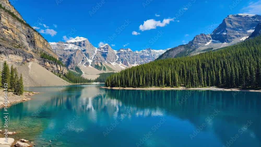 Crystal-clear alpine lake reflecting surrounding mountains and pine trees under a bright summer sky Crystal-clear alpine lake reflecting surrounding mountains and pine trees under a bright summer sky