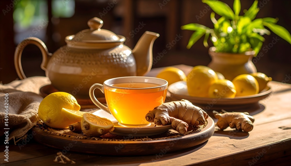 Fototapeta premium Still life of ginger root, lemon, and tea cup on rustic table, soft warm light, immunity booster concept