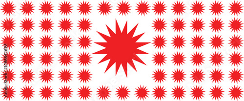 Red Star burst Sale Stickers and Ribbons circle, all set against a light blue background with white polka Starts