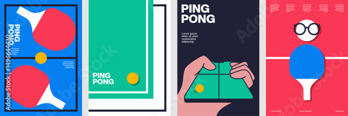 Minimalist ping pong poster series with colorful paddles and dynamic compositions.