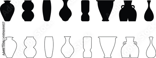 Ancient ceramic vessel icon set, ancient amphora and cosmic element for artistic inspiration showcasing intricate craftsmanship historical significance for educational use, on transparent background