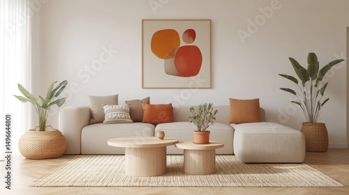 Calm living room with beige sofa, wooden coffee tables, orange and terracotta accents, and potted plants