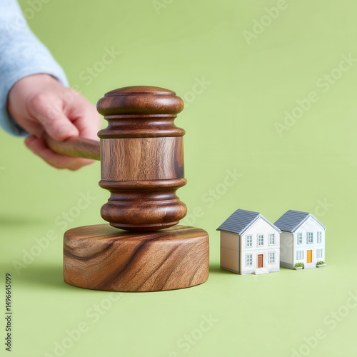 A wood gavel hovers over two small houses, suggesting a legal or financial matter concerning real estate on a light green background.