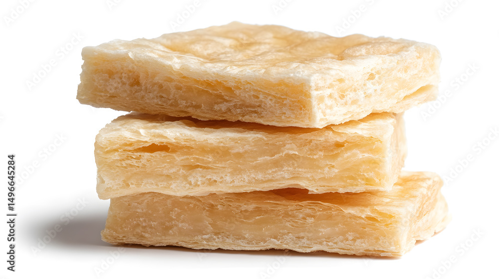 Flaky pastry slices stacked on white background, showcasing their layered texture Flaky pastry slices stacked on white background, showcasing their layered texture