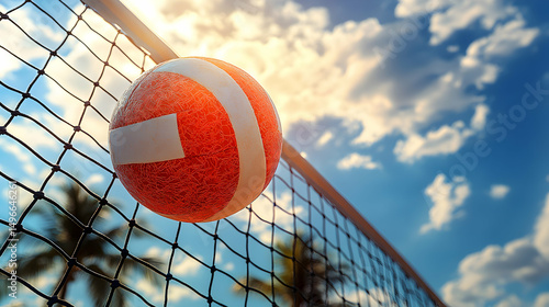 Vibrant orange volleyball in net against a sunny sky with fluffy clouds; summer sports action shot.