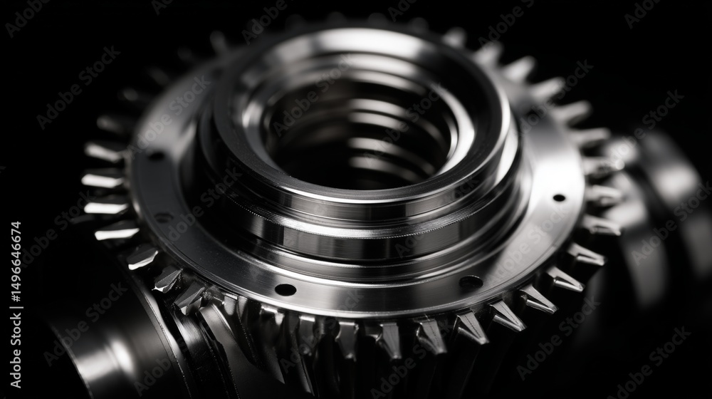 Shiny precision metal gear with internal threading on black background Shiny precision metal gear with internal threading on black background