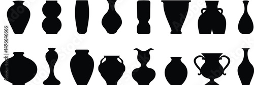 Ancient ceramic vessel icon set, ancient amphora and cosmic element for artistic inspiration showcasing intricate craftsmanship historical significance for educational use, on transparent background