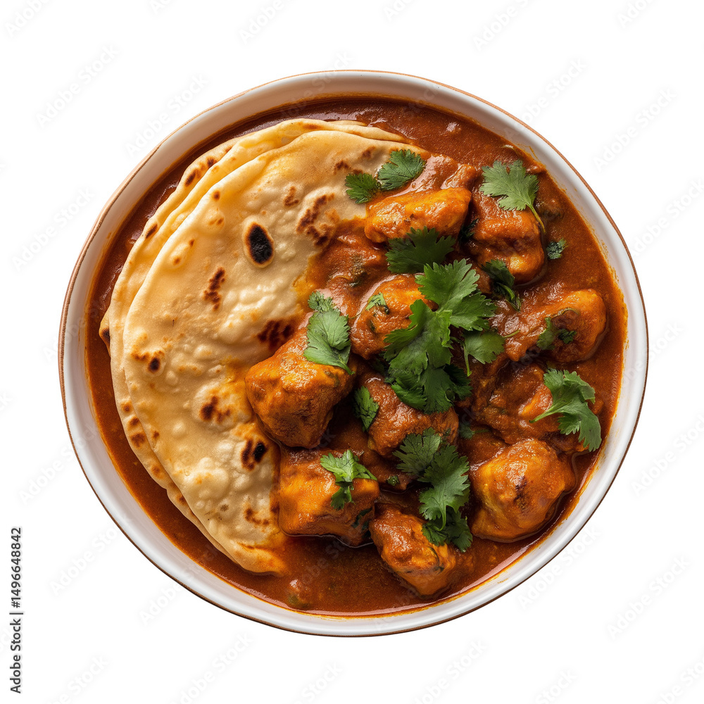 Fototapeta premium Delicious chicken curry with flatbread. PNG image, transparent background