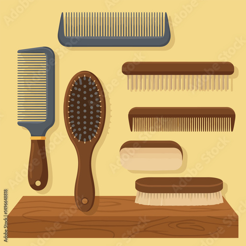 Collection of Hair Combs and Brushes on a Wooden Shelf