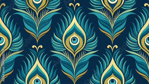 Seamless peacock feather vector pattern. Elegant bird feather texture design with colorful ornamental background

