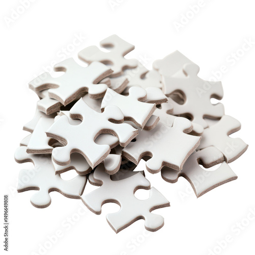 A pile of white jigsaw puzzle pieces, uncompleted,  jumbled together, showcasing their interlocking shapes