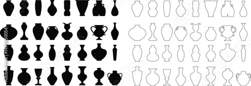 Ancient ceramic vessel icon set, ancient amphora and cosmic element for artistic inspiration showcasing intricate craftsmanship historical significance for educational use, on transparent background