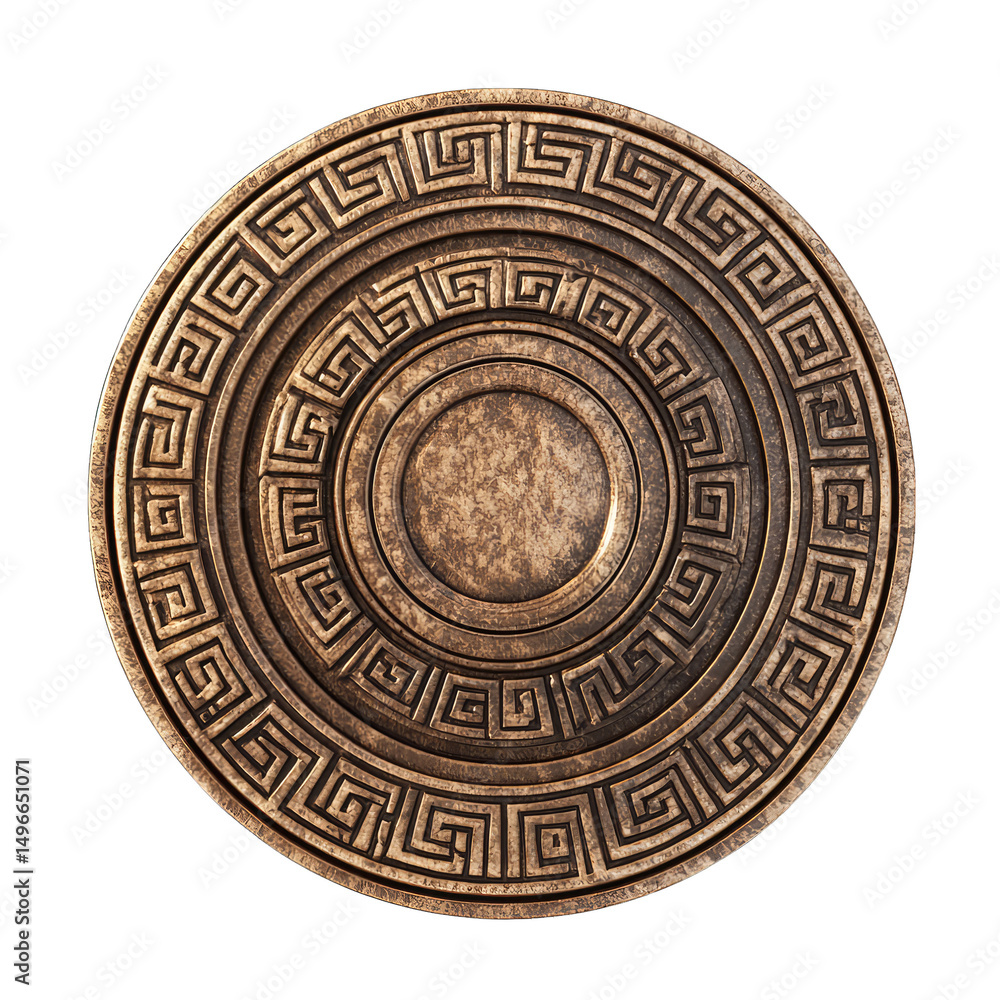 Ornate, circular bronze shield with intricate Greek key patterns Ornate, circular bronze shield with intricate Greek key patterns