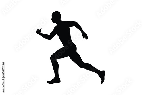 Silhouette of athletic man running in forward motion, muscular build, dynamic pose, wearing sportswear, isolated on white background, symbolizing fitness, speed, energy, and determination.