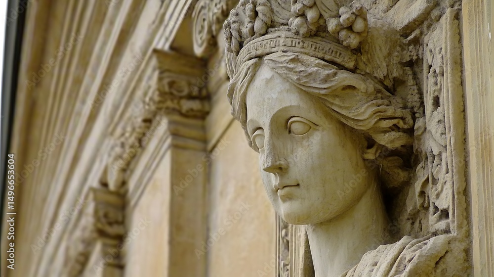 Obraz premium Stone Womans Bust with Building Facade.