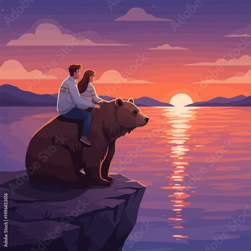 Couple Riding Brown Bear Watching Sunset Over Lake Peaceful Scene