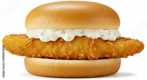 Crispy fried fish fillet sandwich boasts creamy tartar sauce bright studio lighting. AI Generated