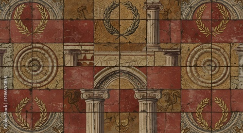 Rome cultural art pattern on a wall with noise and vintage damages. 