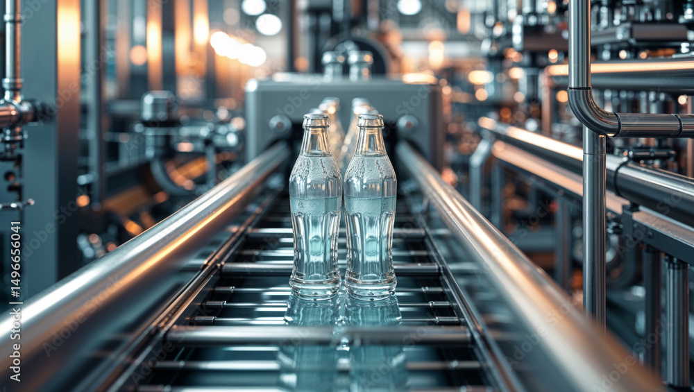 Glass bottles of carbonated drinks move along the assembly line in a modern factory setting. Glass bottles of carbonated drinks move along the assembly line in a modern factory setting.