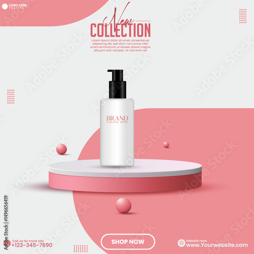 Social media cosmetics product sale advertisement poster design vector. 3D realistic minimalist empty podium design template in an isolated pink background. Promotional product sale postcard design. 