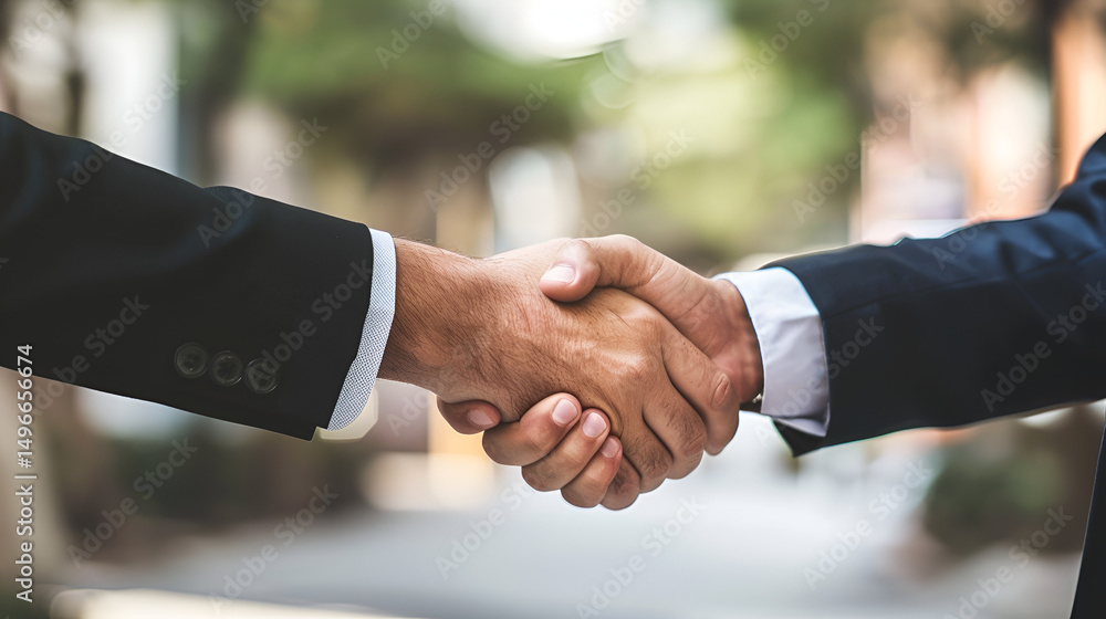 A close up of two people in suits shaking hands in front of a blurred outdoor background setting scene A close up of two people in suits shaking hands in front of a blurred outdoor background setting scene