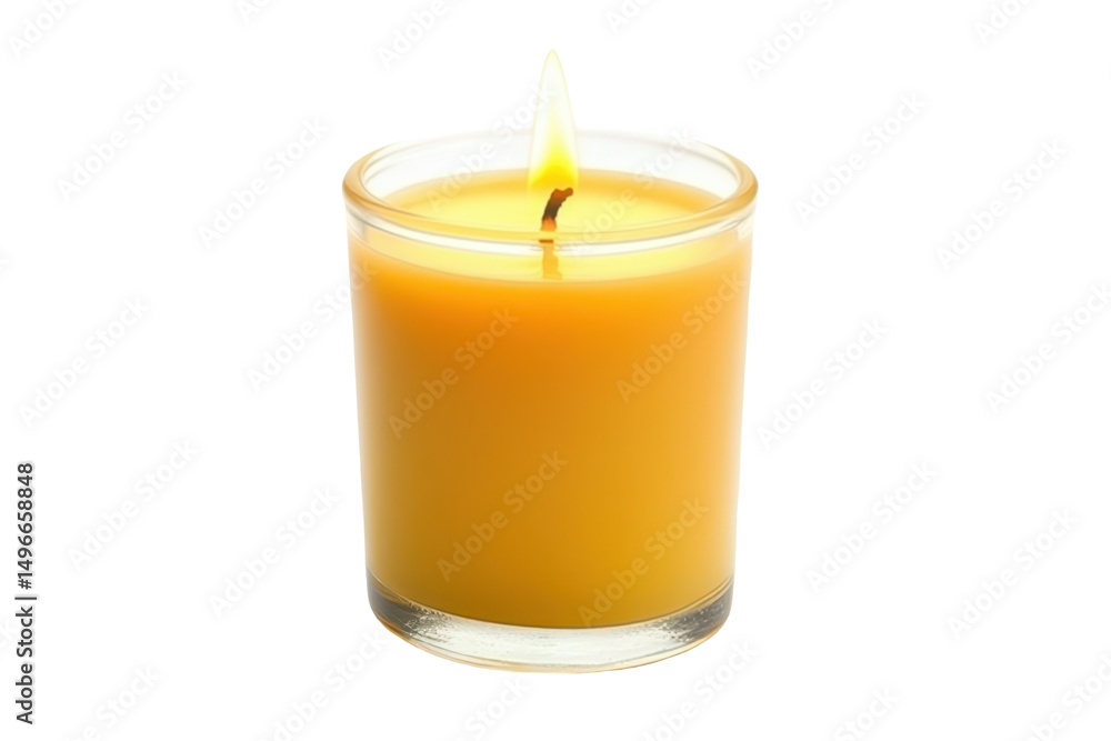A cylindrical, honey-colored candle burns brightly in a clear glass container against a black background. The flame is sharp and defined A cylindrical, honey-colored candle burns brightly in a clear glass container against a black background. The flame is sharp and defined