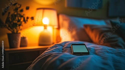 Cell phone on nightstand in dim bedroom