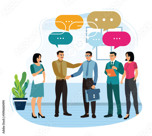 Business team collaboration with professionals communicating with speech bubbles.