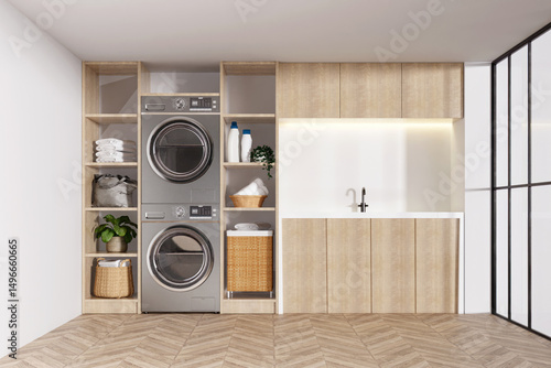 Laundry room layout with integrated appliances and modern fixtures. 3D render illustration