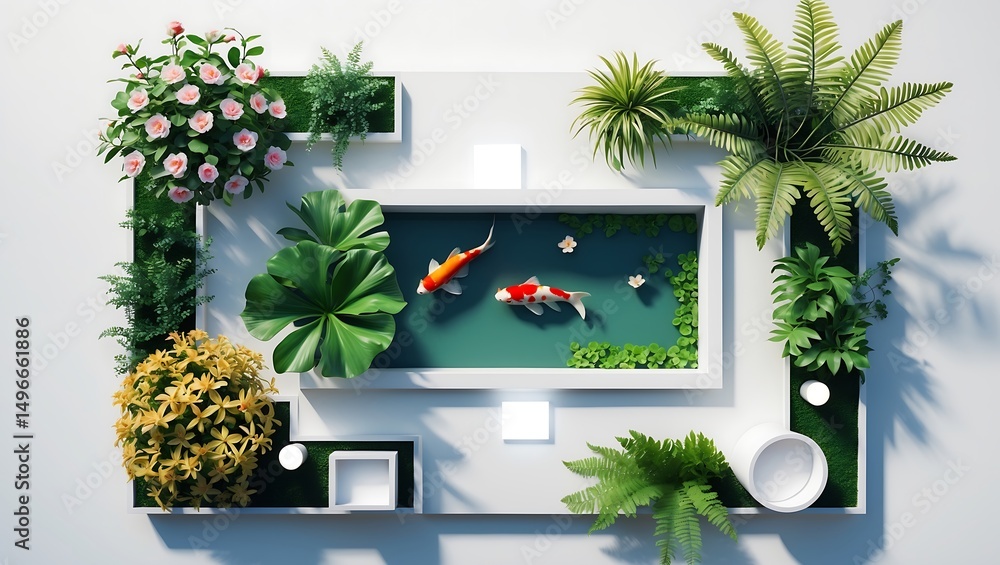 Fototapeta premium Serene Koi Pond Garden Design Top-Down View of Tranquil Landscape