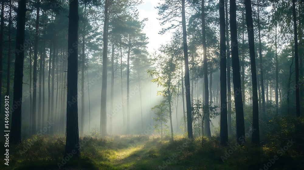 Fototapeta premium Sunbeams piercing a misty forest.