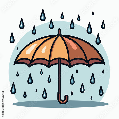 Stylized Illustration of an Open Umbrella Protecting from Falling Raindrops on a Light Blue Background