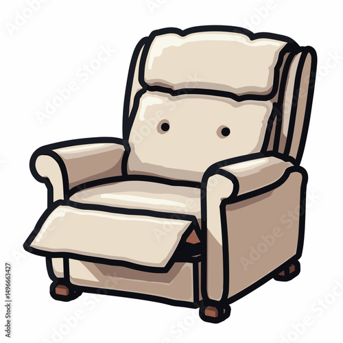 Comfortable Creamy White Recliner Chair Illustration with Extended Footrest on Isolated White Background