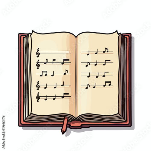 Open Book with Musical Notes Illustration, Sheet Music, Songbook, Musical Score, Isolated on White Background