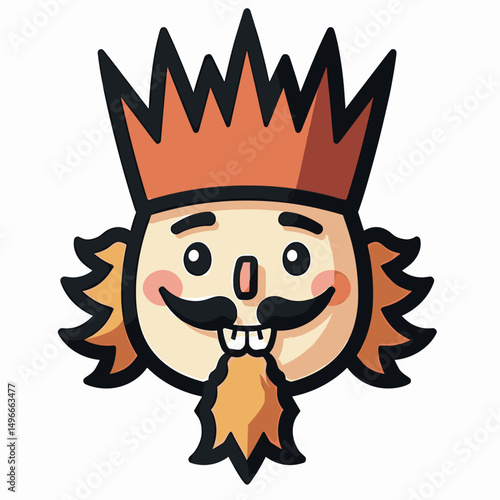 Cartoon Illustration of a Nutcracker King with Crown, Mustache, and Buck Teeth on a White Background