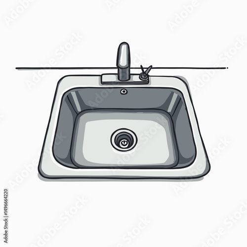 Kitchen Sink Illustration with Faucet and Drain, Clean and Simple Line Art Style for Interior Design Projects