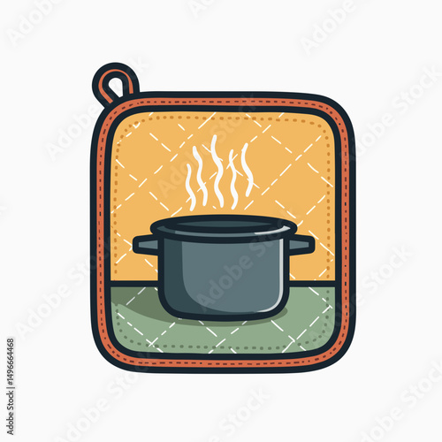 Cartoon Illustration of a Padded Pot Holder with a Steaming Pot, Kitchen Safety Equipment