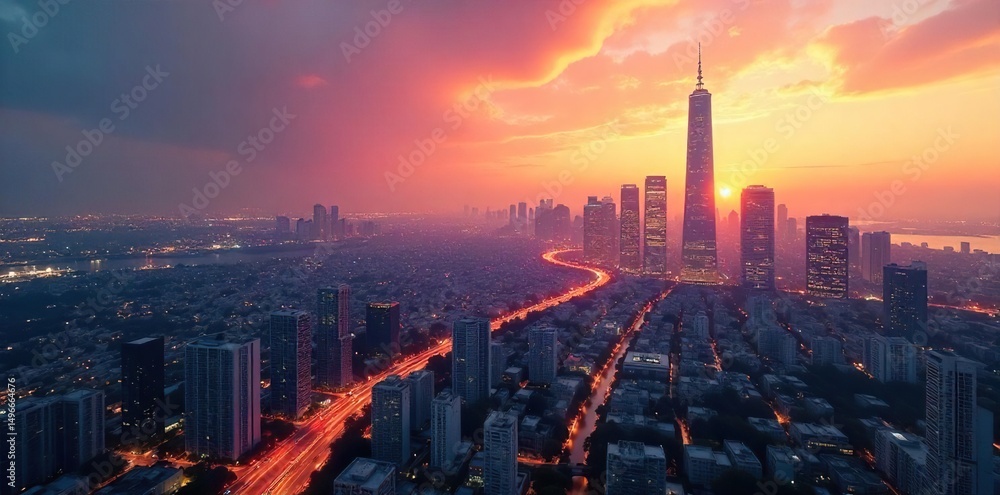 Fototapeta premium A sleek, modern cityscape skyline at sunset, symbolizing adaptable and resilient urban planning for the future , modern, infrastructure