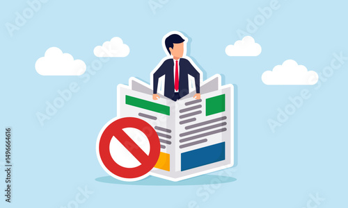 Businessman Appearing from Behind Newspaper Marked Dont Illustration of Alertness to Fake and Low Quality News