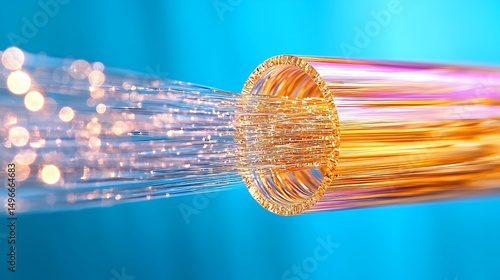 Fiber Optic Cable with Glowing Light on Blue Background