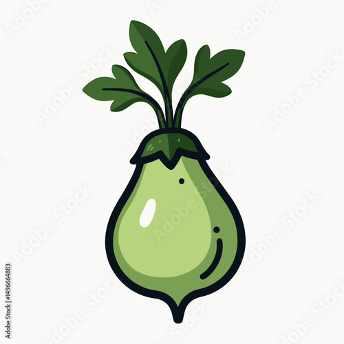 Illustration of a Green Kohlrabi Vegetable with Leaves on a White Background for Culinary and Healthy Eating Concepts