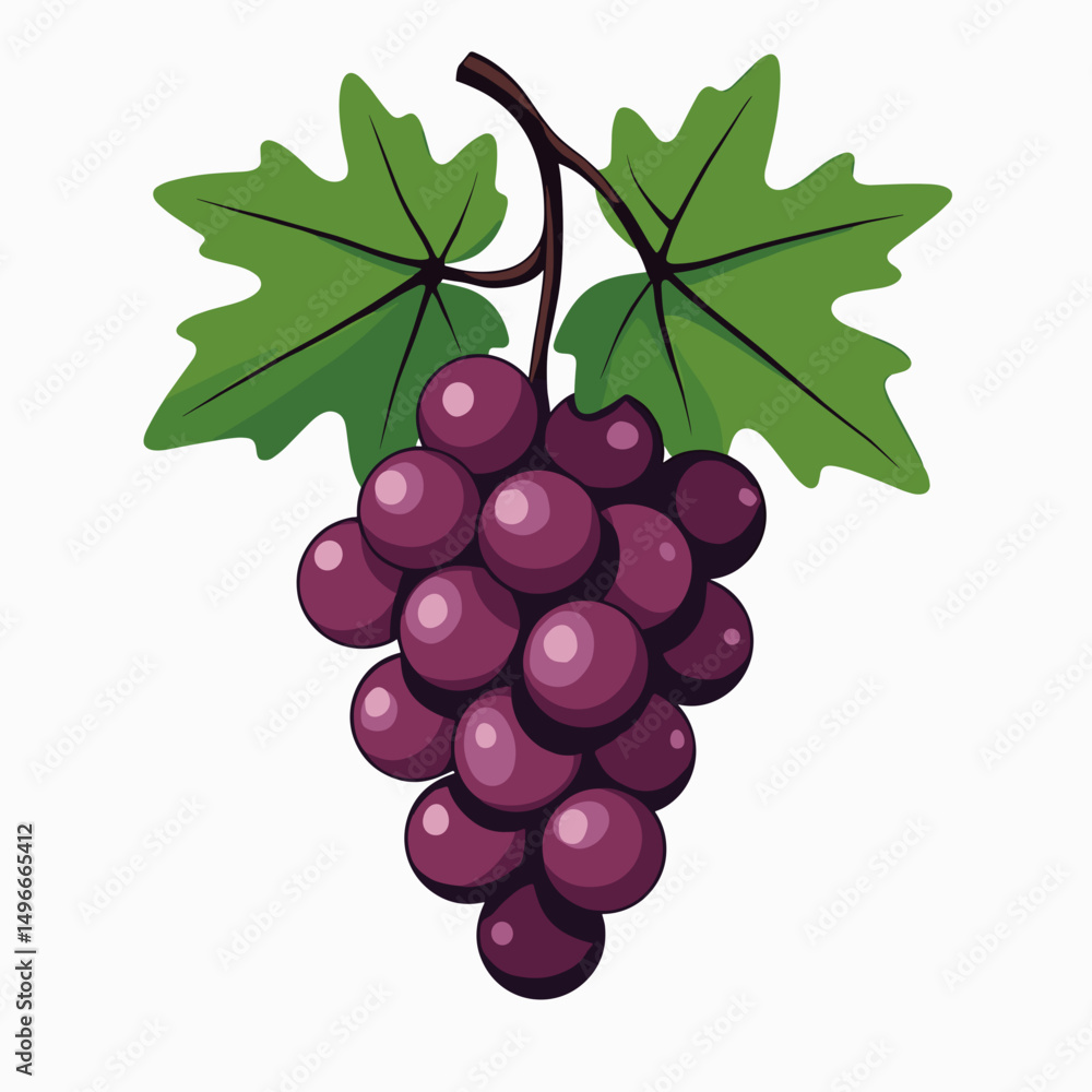 Fototapeta premium Illustration of a Bunch of Ripe Purple Grapes with Green Leaves on a White Background, Perfect for Food and Beverage Designs
