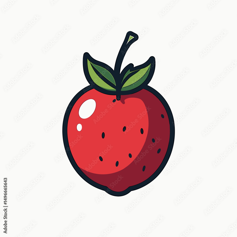 Obraz premium Cartoon Red Apple Illustration with Green Leaves on White Background, Fresh Fruit Icon