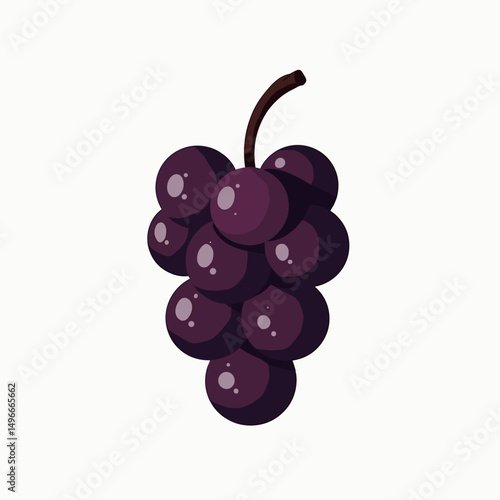 Illustration of a bunch of ripe purple grapes hanging from a brown stem on white background.