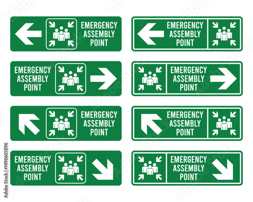 Emergency assembly point sign set. Assembly point sign symbol vector illustration isolated on white background. Emergency exit signs.