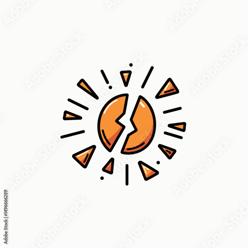 Cracked Orange Circle with Triangular Fragments Illustration on White Background, Symbolizing Breakdown and Disruption